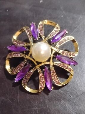 2" Gold-Tone Flower Brooch with Purple Stones and Faux Pearl Center